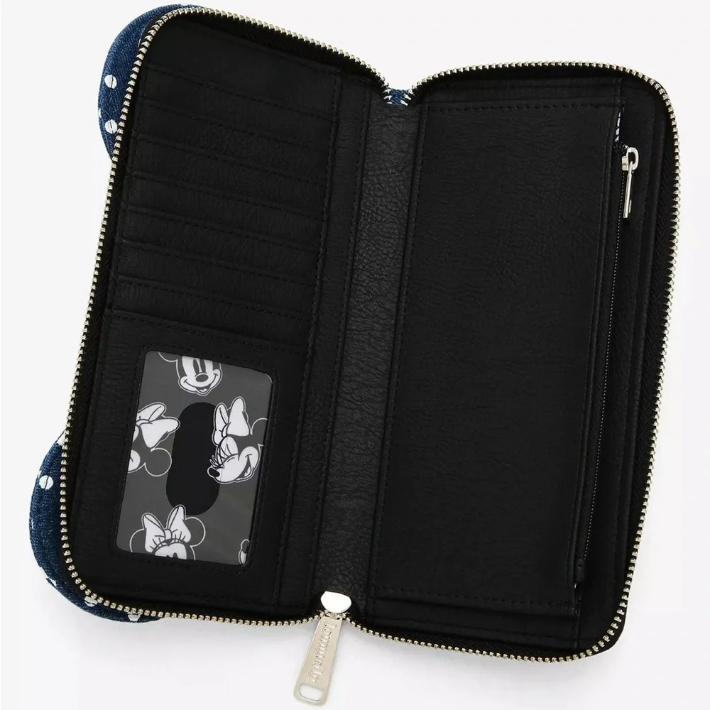 LOUNGEFLY Minnie Mouse Denim Polka Dot Wallet NWOT Limited Edition Ears Bow Zip